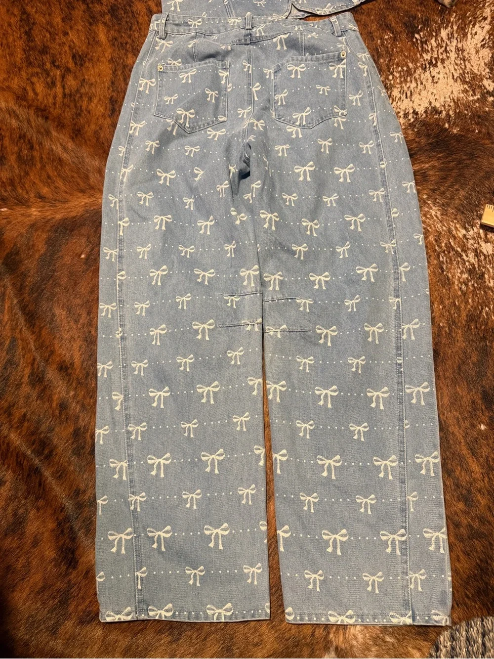 Entro Bow Print Denim Vest and Barrel Pants Set Womens Size L Coquette Monochrom